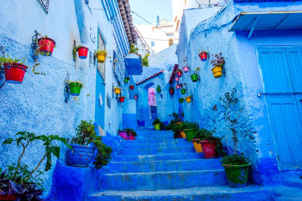 Blauwe straat met kleurrijke bloemenemmers in Marokko