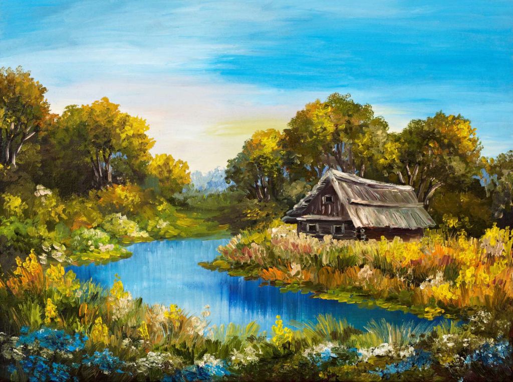 Boerderij aan een rivier schilderij