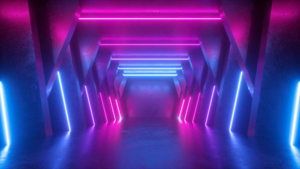 Neon verlichte ruimte met balken