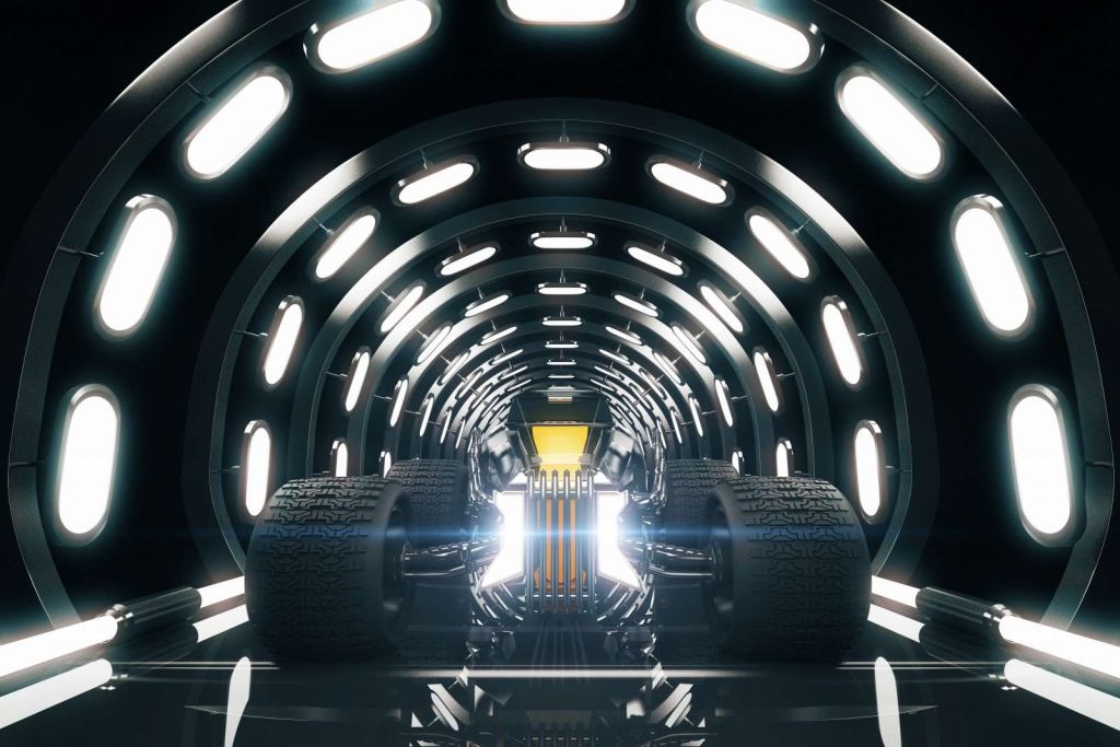 Race auto in een verlichte tunnel