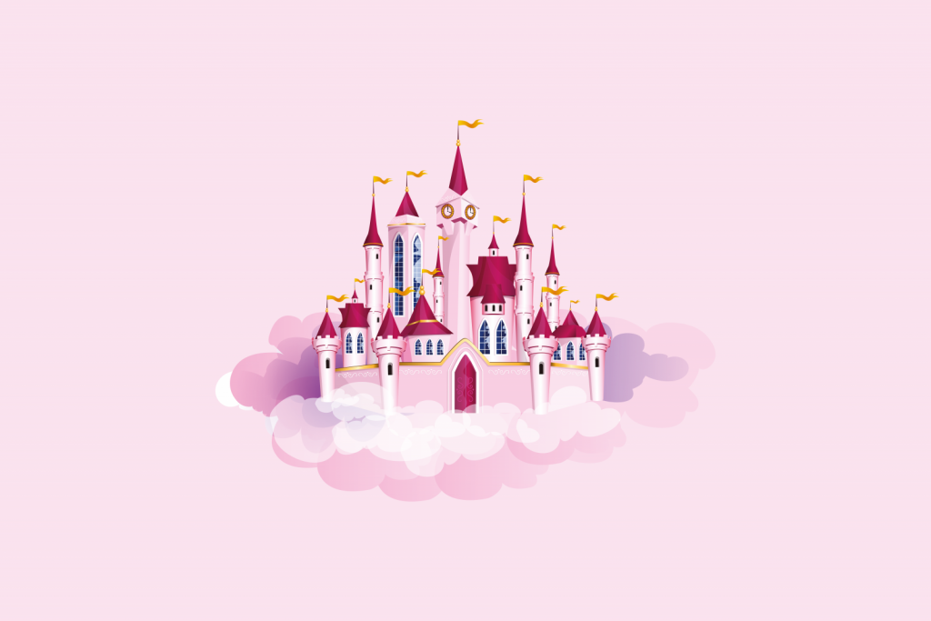 Roze kasteel in de wolken