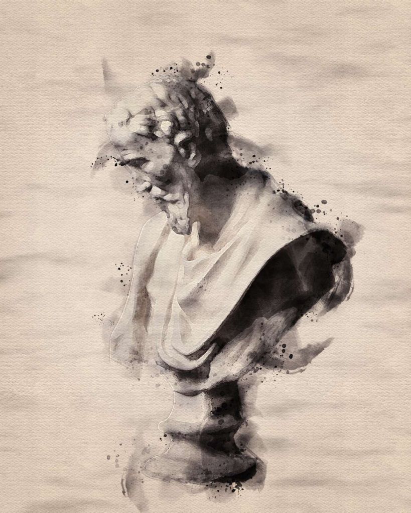 Waterverfschilderij van een Griekse God