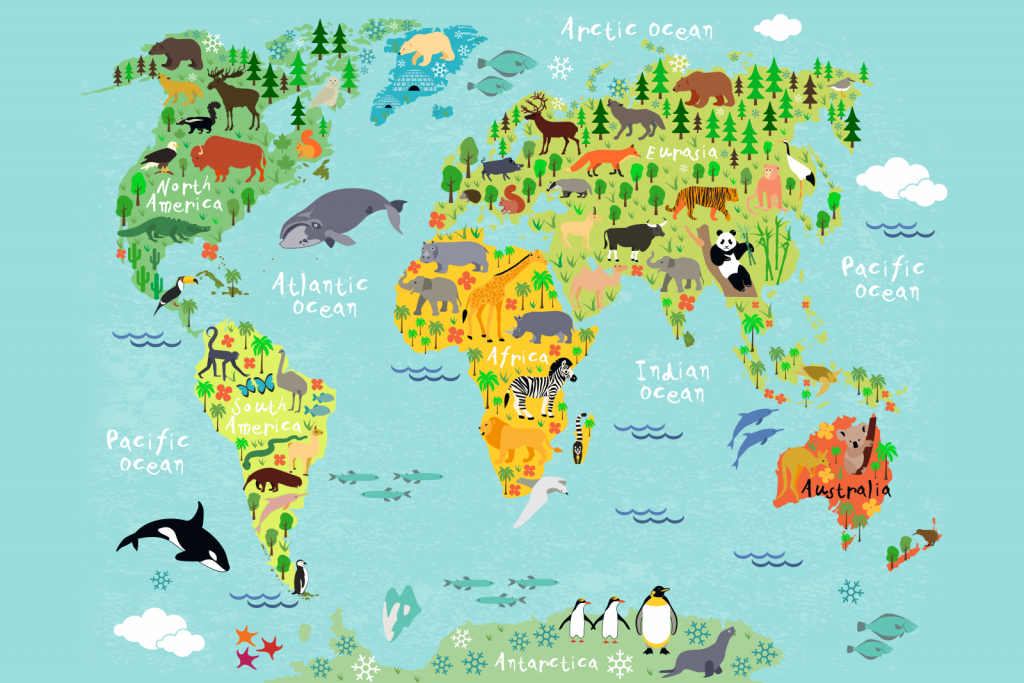 Wereldkaart met verschillende diersoorten