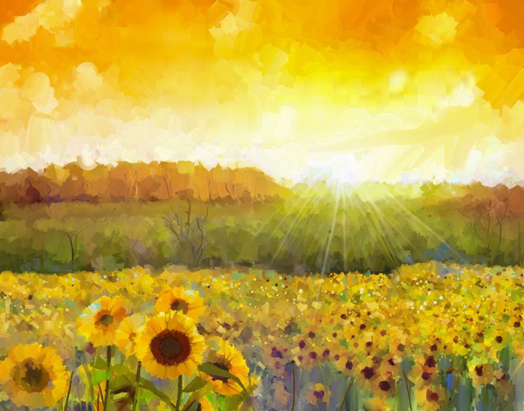 Schilderij van een zonnebloemen landschap