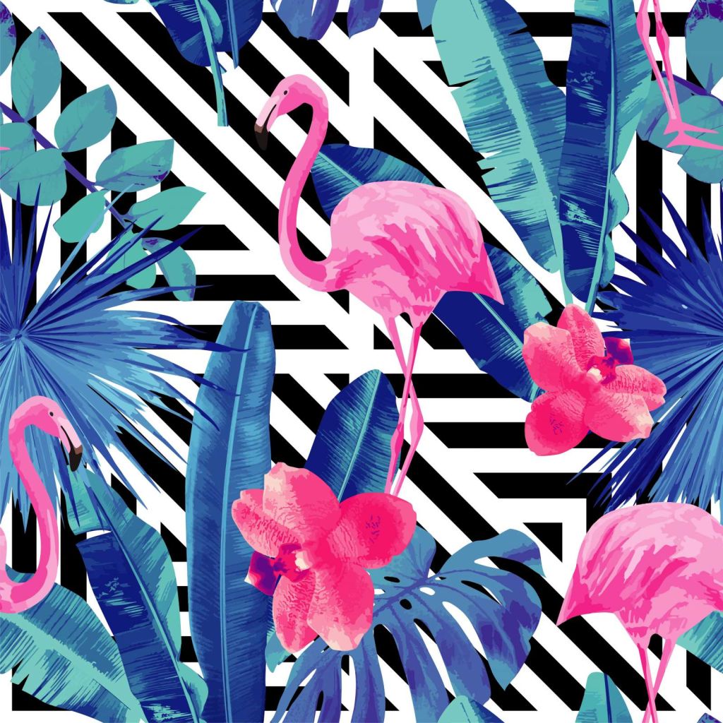 Flamingo print met witte en zwarte strepen
