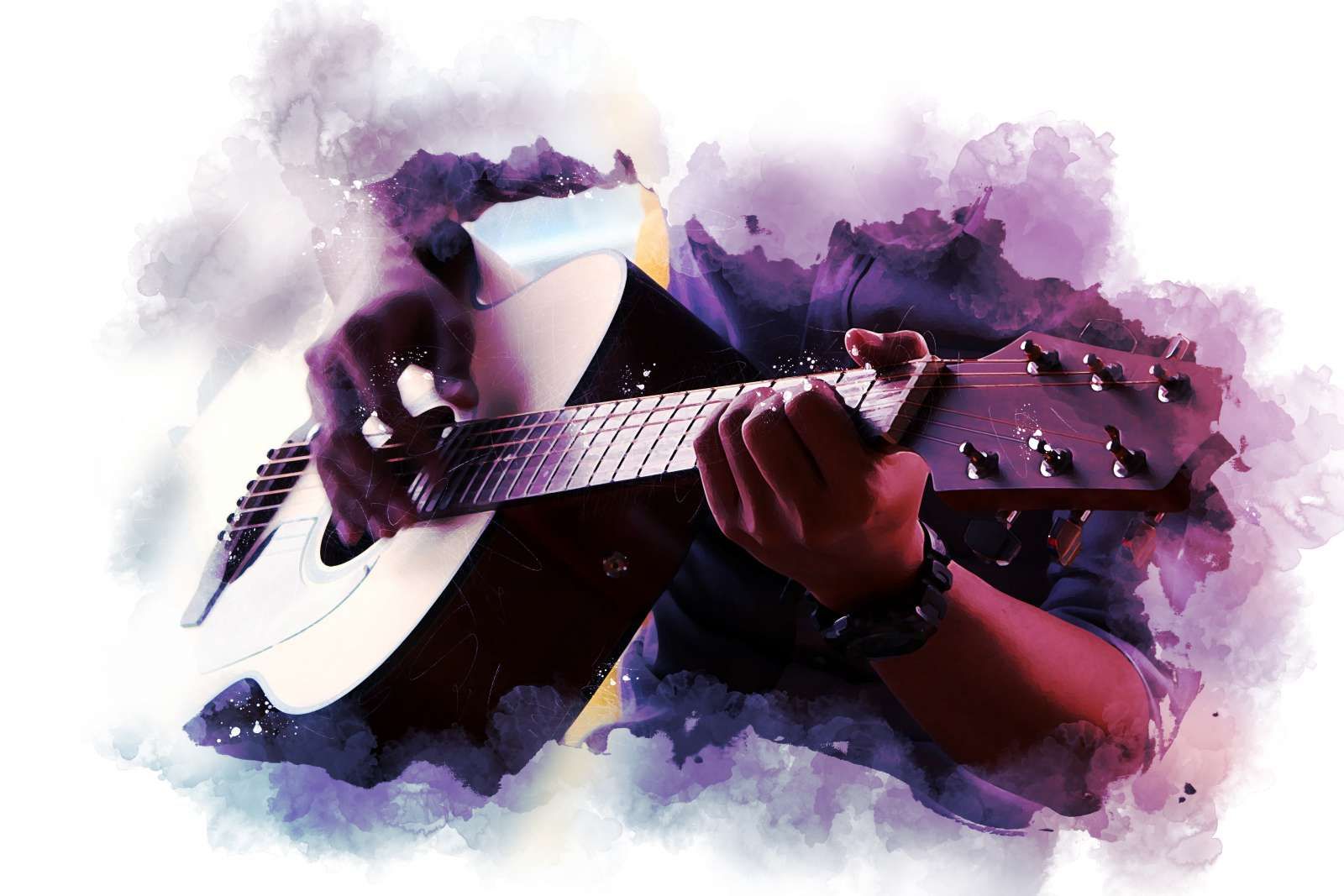 Gitaarspeler waterverf schilderij
